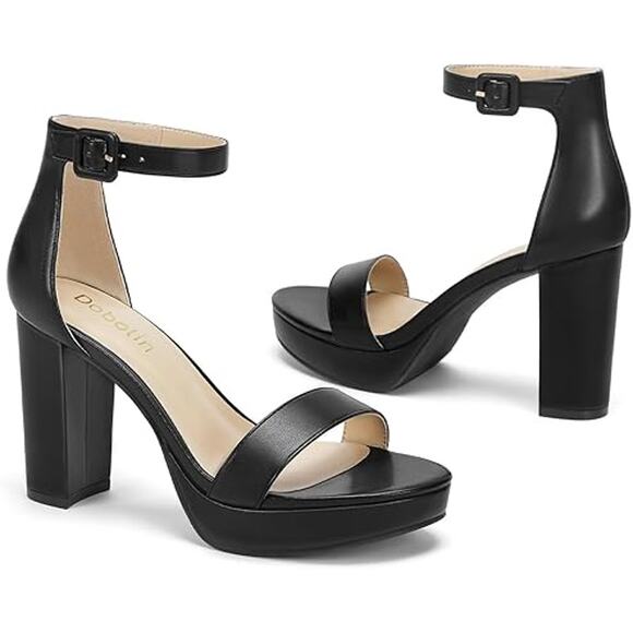 Dobolin Womens Size 8.5W Wide Black 4" Platform Heel Open Toe Ankle Strap Shoes - Picture 3 of 7